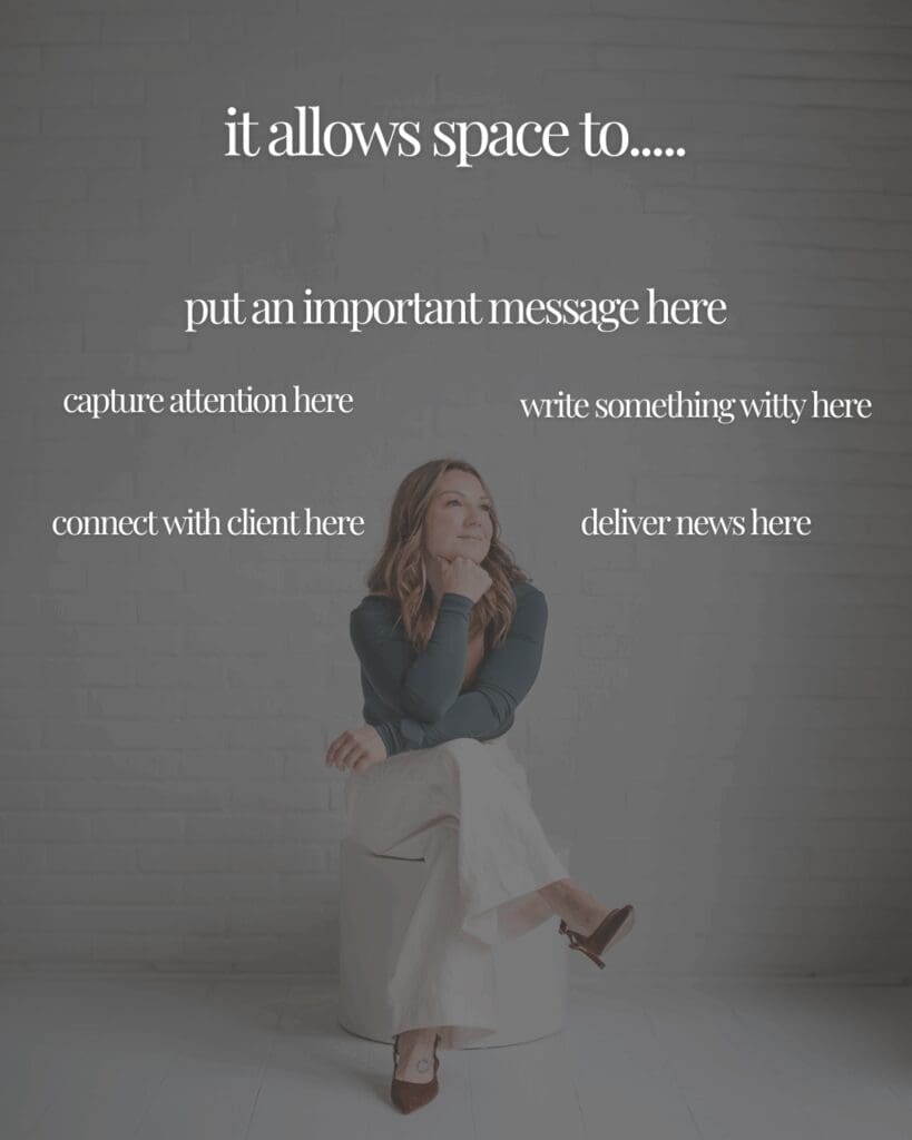 The negative space branding photo is a versatile marketing powerhouse that allows for many uses. Not only is it a powerful portrait of the business owner, it is able to be cropped down for banners, head shots, blog, posts, podcast, thumbnails, and many more. Additionally, you can overlay text that allows for you to deliver unique and powerful messages to your audience.