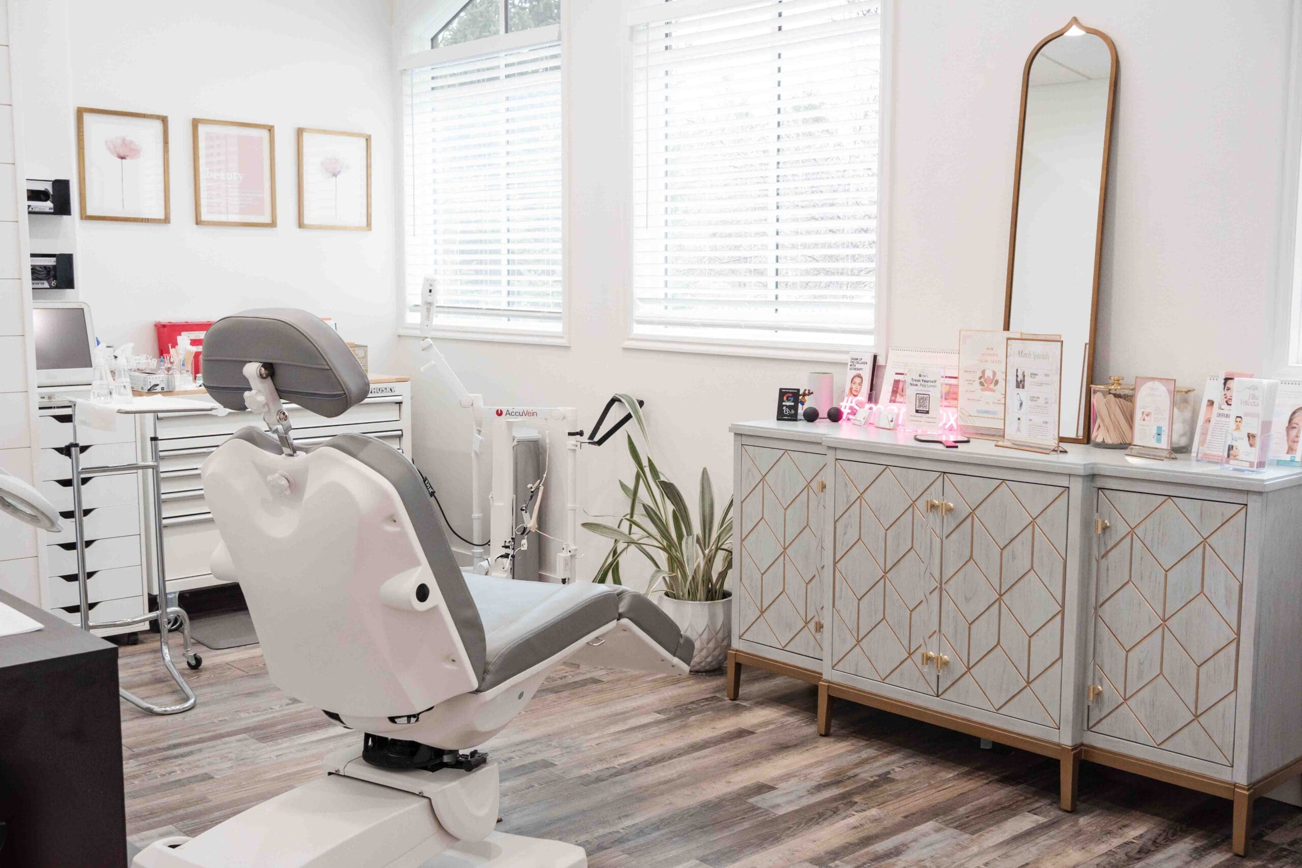 beautifully-designed elevated aesthetic treatment room with chair in the middle showcasing the elevated client experience.